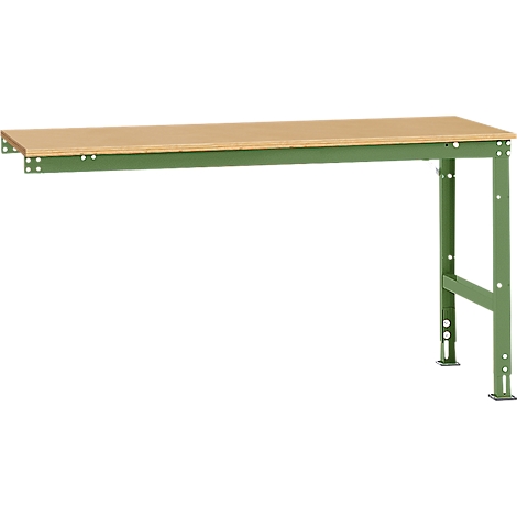 A sturdy, industrially-made work table. Wooden tabletop, green metal legs.