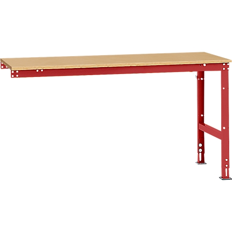 Workbench with red metal frame and light wooden top.