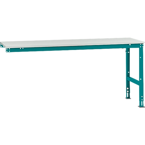 A workbench with a gray worktop and a turquoise metal frame.