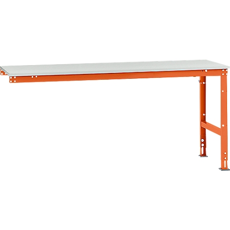 An orange workshop table with a white work surface.
