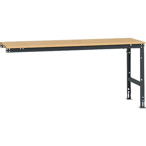 A workbench with a wooden top and a black metal frame. The table has one leg and is wall-mounted.