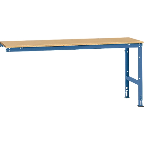 Workbench with blue legs and light brown worktop. The construction is made of metal.