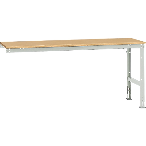 Workbench with brown tabletop and gray metal frame.