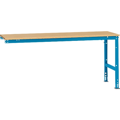 Blue workbench frame with beige table top.