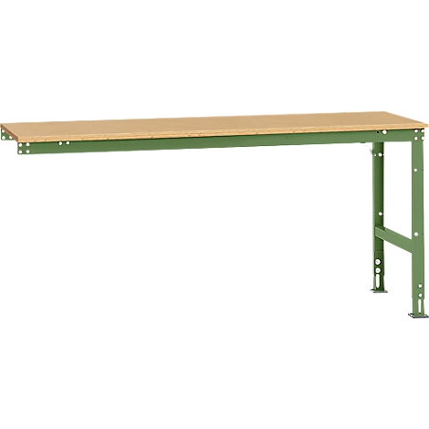 A bright workbench with green metal legs and a light brown wooden top against a white background.