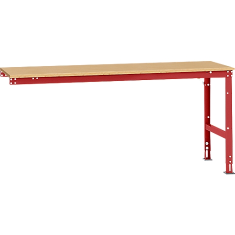 Wooden workbench with red metal legs. Rectangular table top with red metal legs.