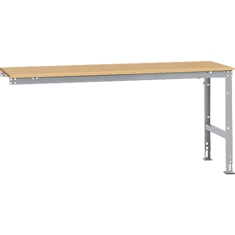 Workbench with wooden top and metal frame. The frame is mounted on the wall. The tabletop is light brown, the frame is silver gray.