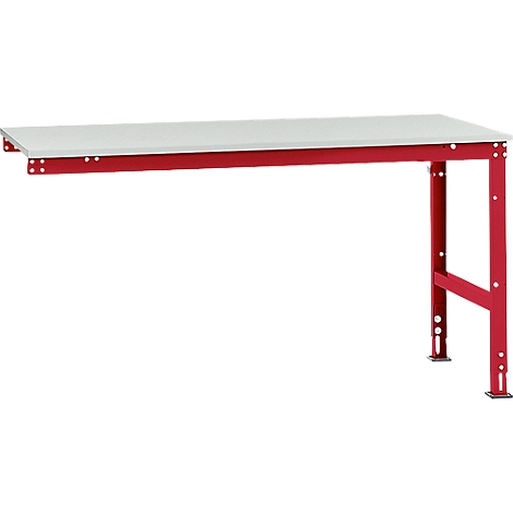 A red workbench table with a white tabletop. The legs are made of metal. The table is against a white background.