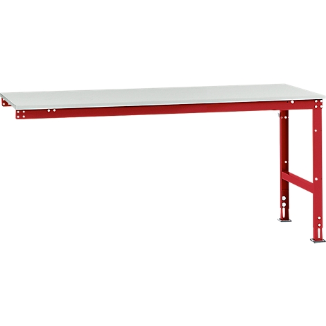 A red and white workbench frame with a grey table top. The legs are fitted with screws.