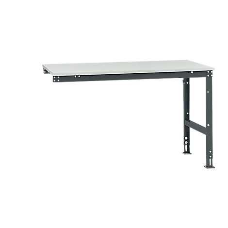 Workbench with light gray tabletop and gray metal frame, partially attached to the wall.
