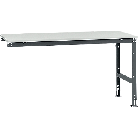 Light grey workbench with grey steel frame. The tabletop is against a wall and held by a supporting leg.