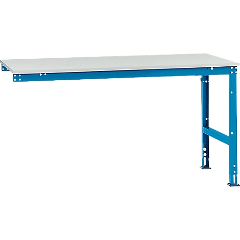 Blue metal workbench with light-colored tabletop. The workbench is free-standing.