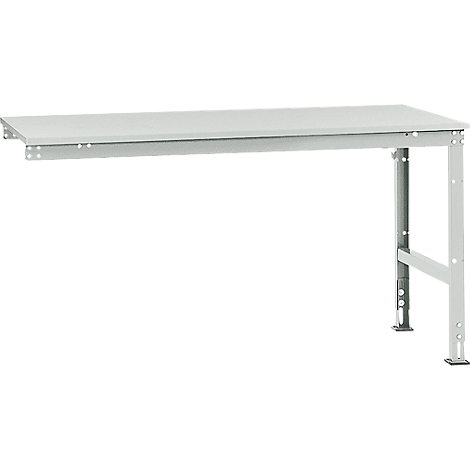 A white workbench, with a rectangular tabletop and metal legs.