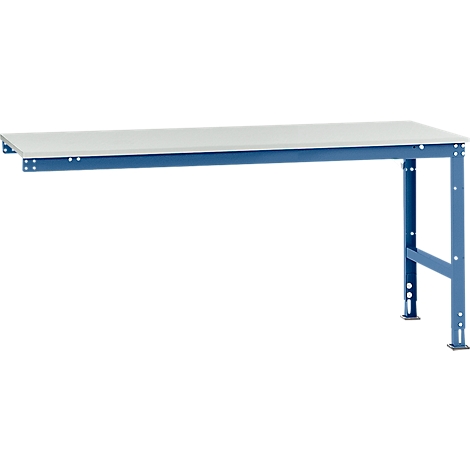 A blue workbench with a gray tabletop, in front of a white background.
