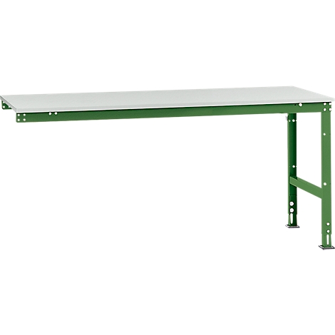 A green workbench with a white worktop. The legs are adjustable in height.