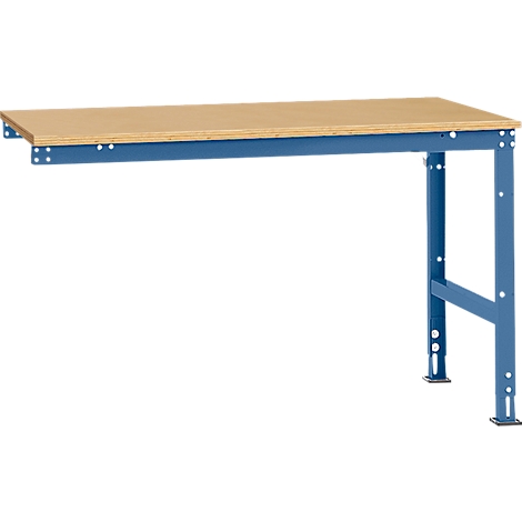 Workbench with blue metal legs and light wooden top.