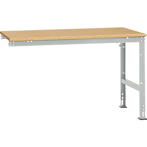 Workbench made of wood and metal, with a light brown tabletop and gray legs.