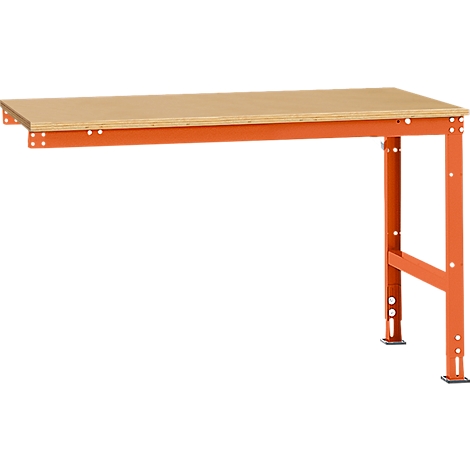 Orange workbench table with light brown tabletop, standing alone on white background.