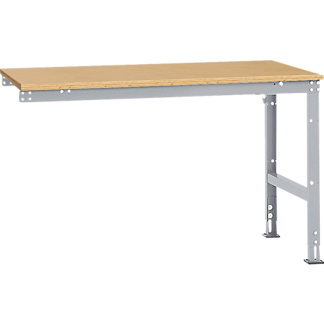 Workbench with wooden top and gray metal frame.