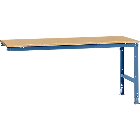 A blue workbench table with wooden top. One leg is standing, the other is attached to the wall.
