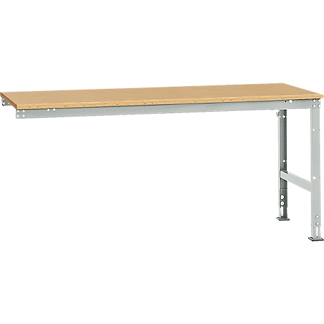 A workbench table with a light brown tabletop and gray metal legs, set against a white background.