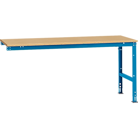 Workbench with beige table top and blue metal legs, on a white background.