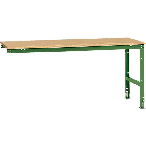Workbench with wooden top and green frame, isolated on white background.