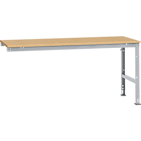 Workbench with beige table top and silver metal legs. On a white background.
