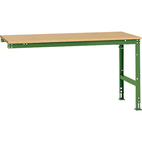 Workbench with light brown wooden top and green metal frame, on a white background.