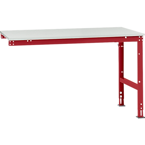 A red workbench frame with a white table top. The legs are height-adjustable.