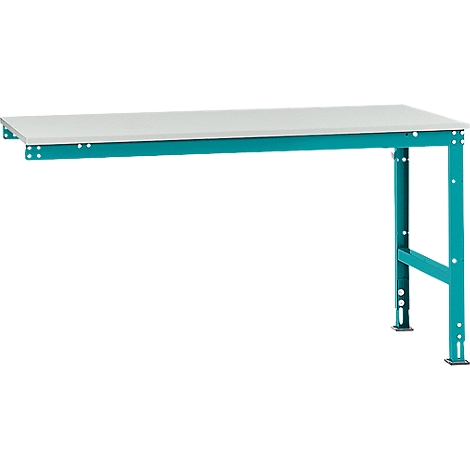 A green workbench table with a white top and rectangular shape. The table is empty.