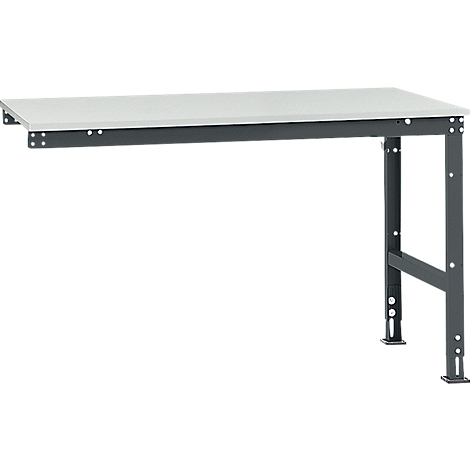 Gray workbench with metal frame and light gray tabletop against a white background.