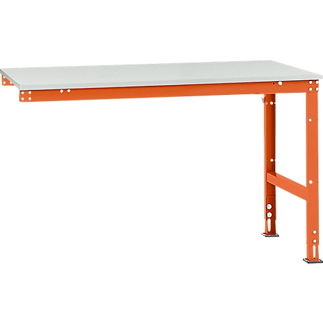 An orange workshop table with a light gray tabletop, attached to a wall.