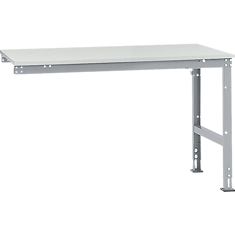 A white table with gray metal legs attached to the wall. The table has a rectangular shape.
