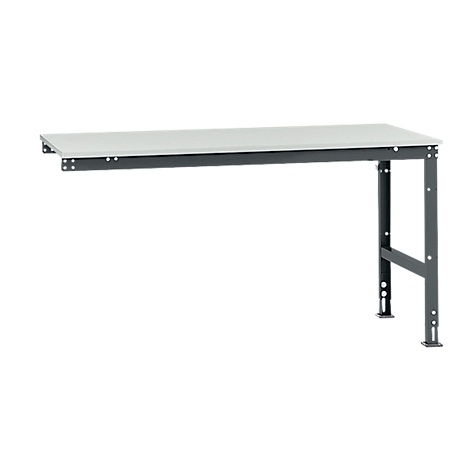 Workbench with gray worktop and dark gray metal frame.