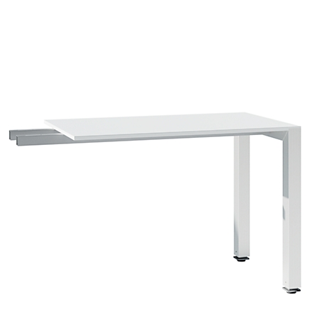 White desk with a straight work surface attached to a gray frame and an angular frame made of two legs.