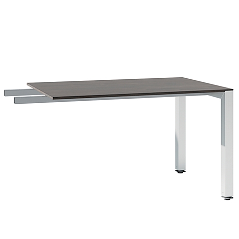 A rectangular gray table with white legs. The tabletop extends beyond the legs on one side.