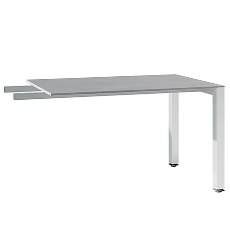 A grey table with white legs stands on a white background. The tabletop extends beyond the legs on one side.