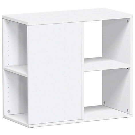 White shelf with open and closed compartments.