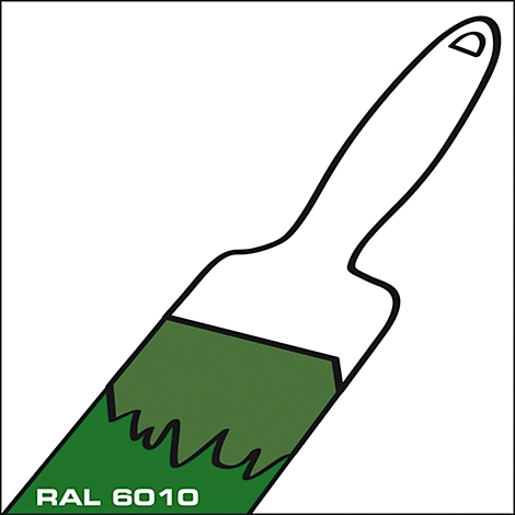 Paintbrush with bristles labeled RAL 6010. White handle, green brush head with jagged line.