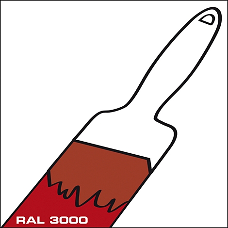 Paintbrush with red paint, color code RAL 3000. The brush is shown at an angle.