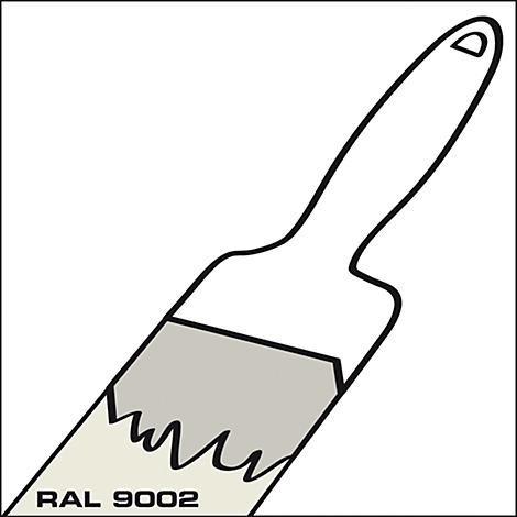 Paintbrush with white handle and rectangular, gray bristle area; below it reads "RAL 9002".