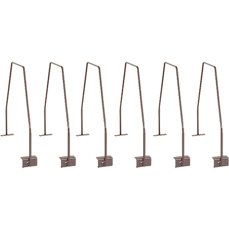 Six metal brackets, each with a rectangular base, a curved upright and a horizontal top.