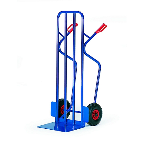 Blue painted hand truck with red handles and wheels on white background.
