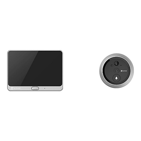 Kamera und Monitor einer Türklingel. Monitor rechteckig, silberfarben, schwarzes Display. Kamera rund, silberfarben, mit Knöpfen und Glocke.