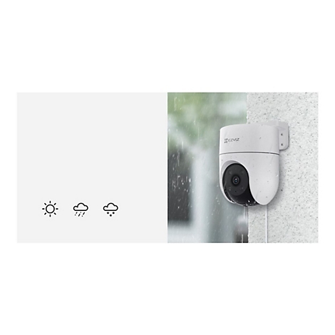 Weiße Überwachungskamera an Wand unter Regen. Darunter Wetter-Symbole: Sonne, Regen, Schnee.