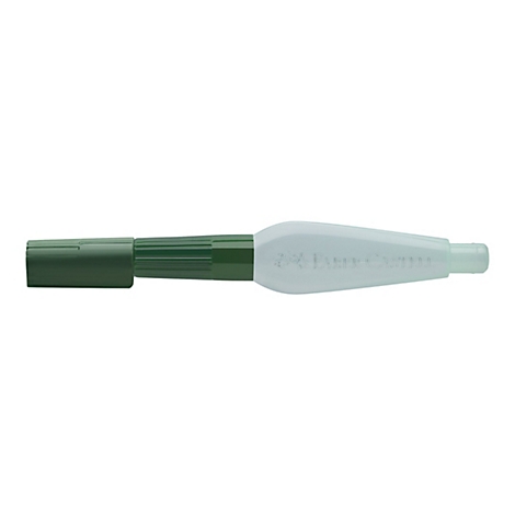 Ein grüner Textmarker von Faber-Castell, horizontal vor weißem Hintergrund. Der Textmarker hat einen grünen Schaft und eine transparente Spitze. Der Name "Faber-Castell" ist auf der Seite aufgedruckt.