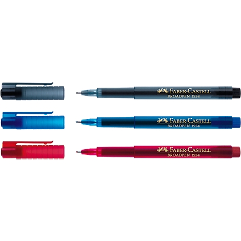 Three Faber-Castell Broadpen 1554 pens: black, blue, and red. Lids and inscriptions visible on the shaft.