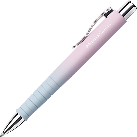 Ein hellrosa Kugelschreiber von Faber-Castell mit blauer Griffzone und silberfarbenen Metallelementen.