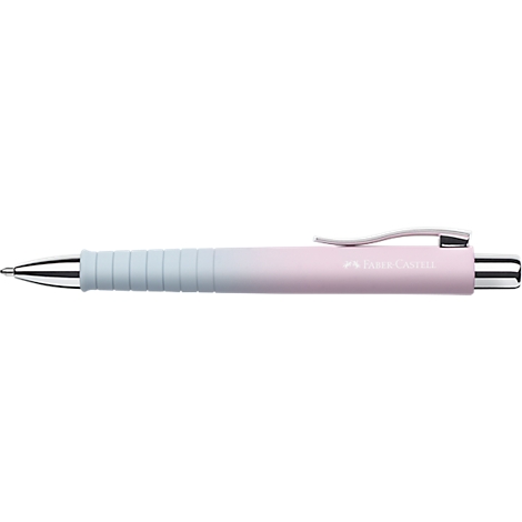 Pastellrosa Kugelschreiber mit hellblauer Griffzone, silbernem Clip und Faber-Castell-Logo vor weißem Hintergrund.